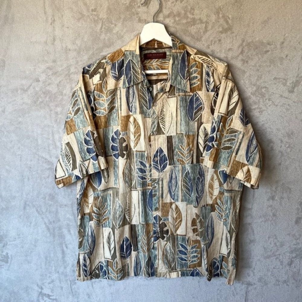 Tori Richard Honolulu‎ Mens Large Cotton Lawn Leaf Print Aloha Shirt Tan Blue